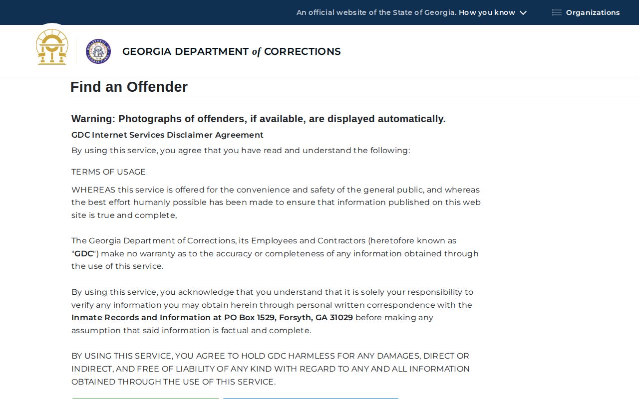 Georgia Department of Corrections Find an Offender search used for Wilcox state-prison records