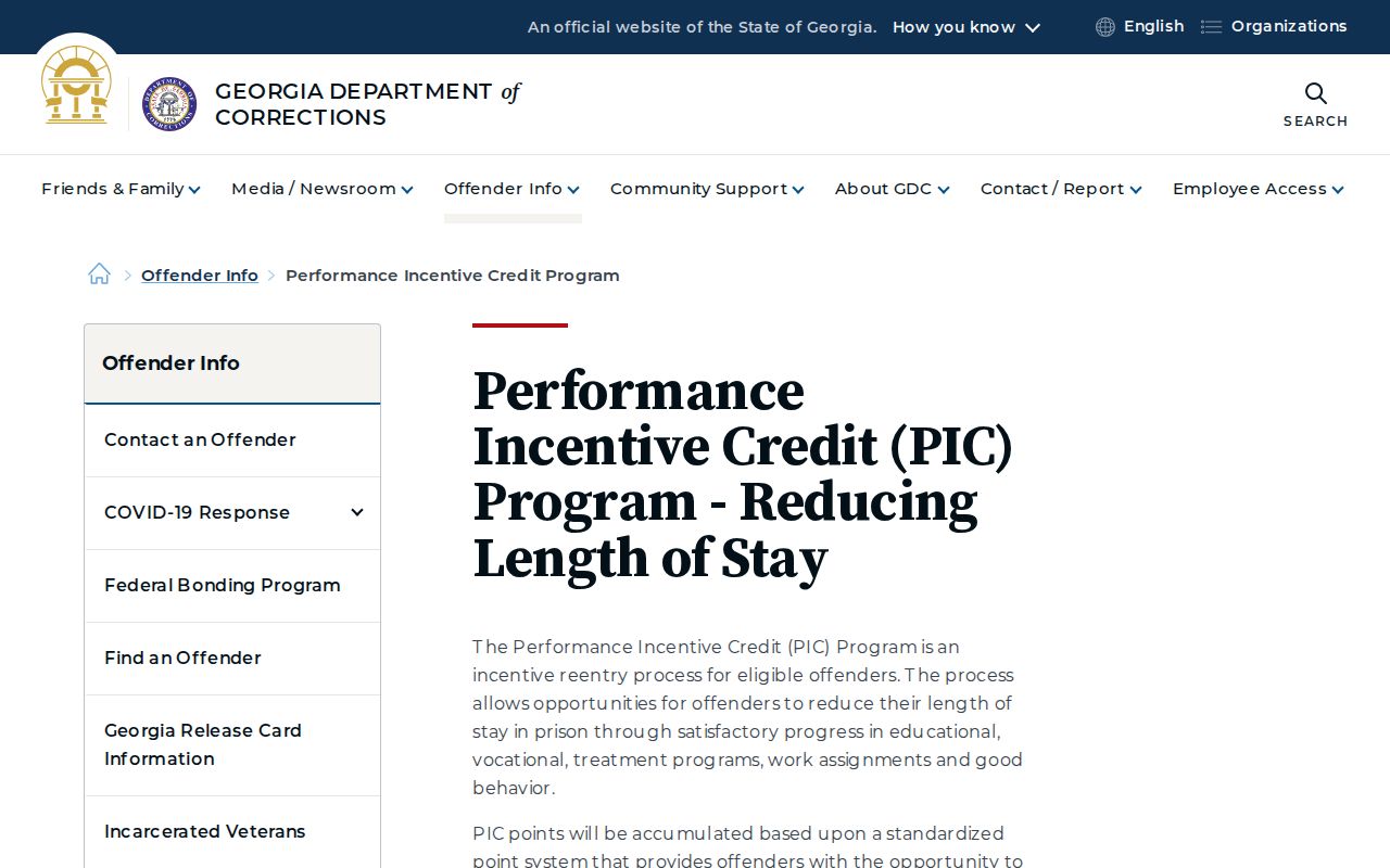 Georgia Department of Corrections Performance Incentive Credit guidance affecting TPM and MRD