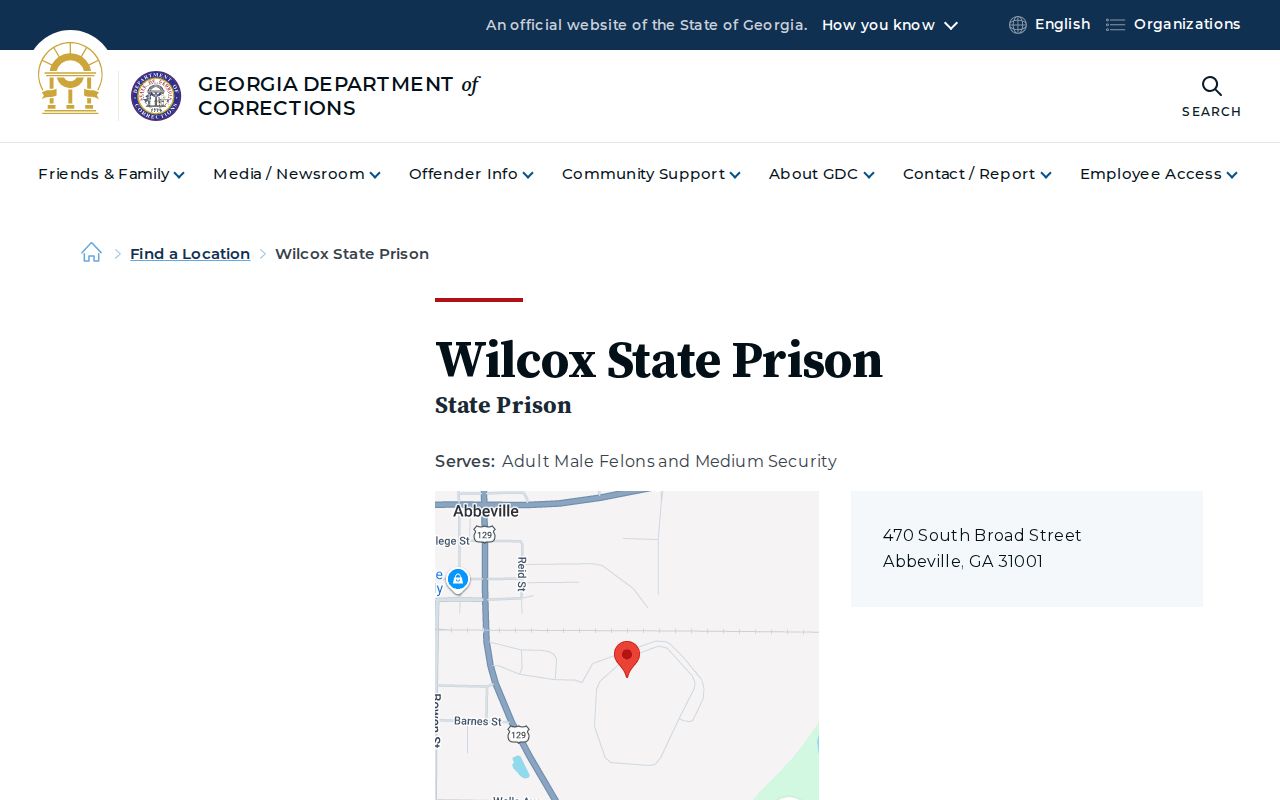 Official Georgia Department of Corrections page for Wilcox State Prison