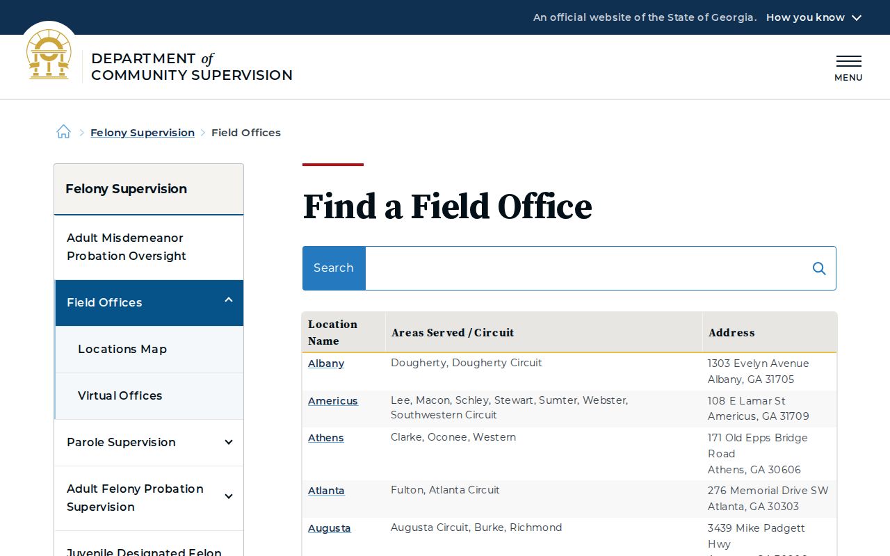 Georgia DCS field office finder used for Wilcox County supervision