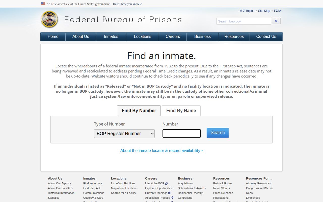 Federal Bureau of Prisons inmate locator for federal release checks