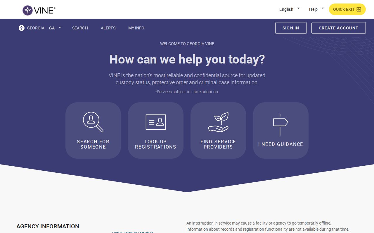 Georgia VINE landing page for custody-status searches and release notifications
